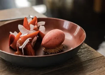 Vegan Strawberry dessert served with Strawberry Sorbet