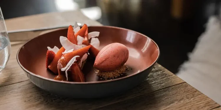 Vegan Strawberry dessert served with Strawberry Sorbet